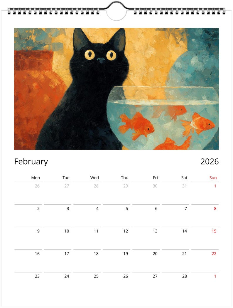 Black Cat 2026 Calendar, Colourful Pop Art Painting Cat Calendar, Whimsical Black Cat Art 2026 Wall Planner image 2