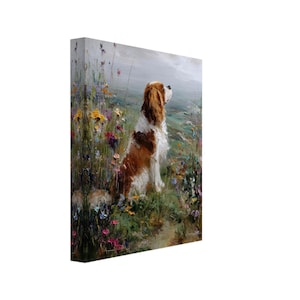 Blenheim Cavailer King Charles Spaniel Canvas Art Print: Rustic Wildflowers Oil Painting