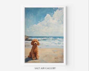 Könnte beinhalten: Gerahmtes Gemälde eines Pudels am Strand. Der Hund ist rotbraun und sitzt im Sand. Der Hintergrund zeigt einen blauen Himmel mit weißen Wolken, das Meer und eine felsige Küstenlinie. Der Text "SALT AIR GALLERY" befindet sich unten.