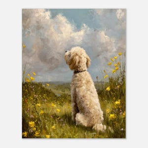 Puede incluir: Pintura al óleo de un perro color crema sentado en un campo de flores silvestres amarillas, mirando hacia el cielo nublado. El perro lleva un collar negro. El fondo muestra un paisaje distante bajo un cielo azul.