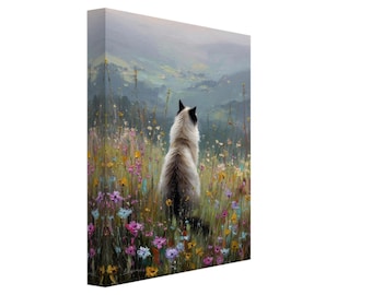 Impresión de lienzo de gato Ragdoll: pintura al óleo rústica de flores silvestres
