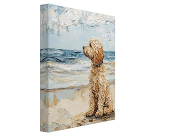May include: Oil painting on canvas of a golden doodle dog sitting on a sandy beach, gazing out at the ocean. The artwork features textured brushstrokes in shades of blue, beige, and brown, capturing a serene coastal scene.