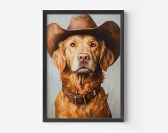 Stampa Golden Retriever, stampa murale Golden Retriever Cowgirl, poster di cani divertenti, regalo di arte murale Golden Retriever, pinta di cane Cowgirl