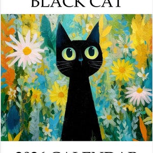 Black Cat 2026 Calendar, Colourful Pop Art Painting Cat Calendar, Whimsical Black Cat Art 2026 Wall Planner image 1