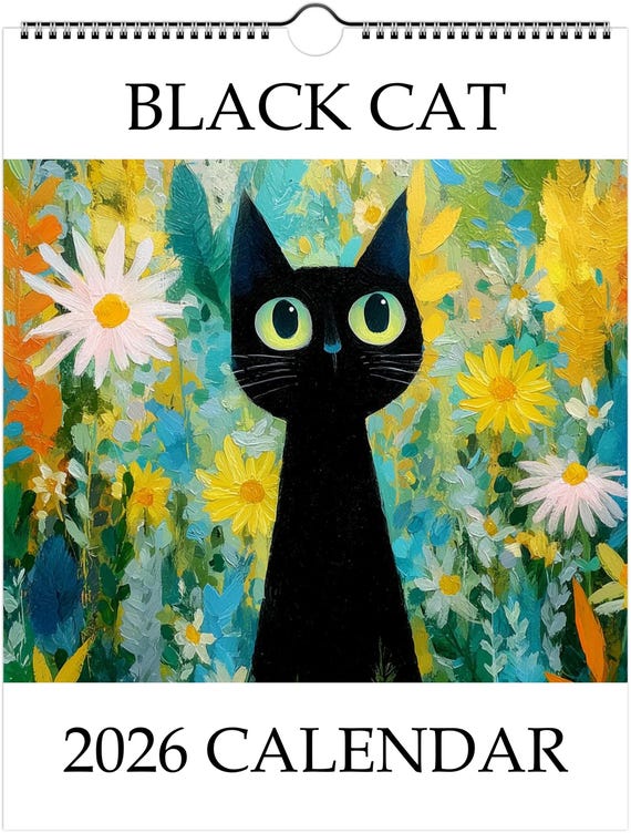 Black Cat 2026 Calendar,  Colourful Pop Art Painting Cat Calendar, Whimsical Black Cat Art 2026 Wall Planner