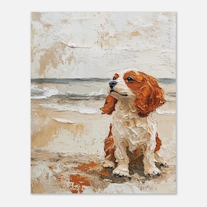 Blenheim Cavalier King Charles Spaniel Beach  Wall Art Print oil painting style, Cavalier King Charles Owner Gift Idea, Cavalier Dog Print