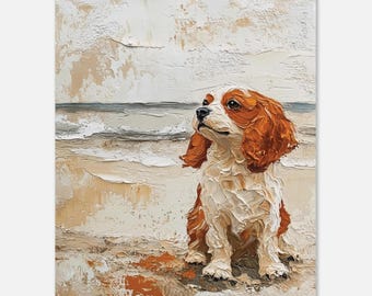 Puede incluir: Pintura al óleo de un Cavalier King Charles Spaniel en una playa. El perro tiene un pelaje blanco y marrón, con orejas caídas y una mirada enfocada. El fondo muestra una playa y un océano texturizados.