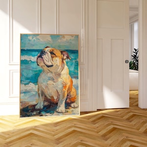 May include: A framed painting of a bulldog on a beach. The dog has a tan and white coat, with a wrinkled face and is sitting on the sand. The background features a blue ocean and sky, with visible brushstrokes.