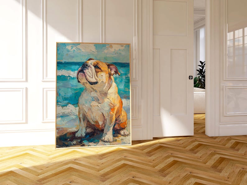 May include: A framed painting of a bulldog on a beach. The dog has a tan and white coat, with a wrinkled face and is sitting on the sand. The background features a blue ocean and sky, with visible brushstrokes.