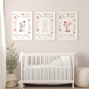 You&#39;ll Never Know Dear Nursery Wall Art Set of 3, Vintage Cottagecore Nursery Ryhme Print, Girls Room Sage Green Floral Poster, Rose Nursery