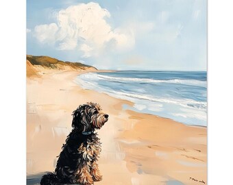 May include: Oil painting of a dog on a sandy beach, looking out to sea. The dog has black and tan fur and a blue collar. The beach is painted in warm tones, with a blue sky and white clouds in the background.