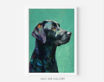 May include: A framed art print of a black Labrador Retriever dog. The dog is painted with visible brushstrokes, set against a teal green background. The dog's fur is black with hints of blue and purple. The artwork is signed "SALT AIR GALLERY".