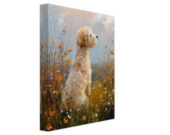 Golden Doodle Canvas Wall Art Print: Doodle Dog Floral Meadow Oil Painting, Memorial Print