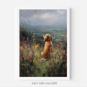 Puede incluir: Una impresión artística enmarcada que representa a un perro marrón dorado sentado en un campo de flores silvestres, mirando un paisaje distante bajo un cielo nublado. La obra de arte tiene un estilo pictórico con colores suaves y un enfoque en la naturaleza.