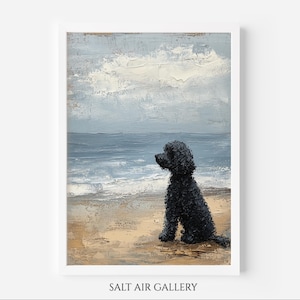 May include: Impressionistic oil painting of a black dog on a beach, looking out to sea. The artwork uses a palette of blues, greys, and beige. The text "SALT AIR GALLERY" is at the bottom of the image. The painting is framed in white.