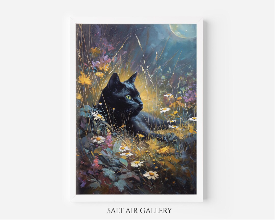 Black Cat Moody Cottagecore Wall Art Print, Dark Academia Black Cat ...