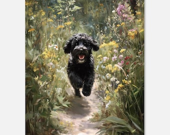 Black Cockapoo wall art print oil painting style, Forest theme dog art, Black poodle wall art, Perfect Dog Lover Gift, Happy dog art