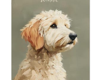 Gepersonaliseerde gouden doodle hond olieverfschilderij portret print, gepersonaliseerde vintage hondenhuisje kernkunst, cadeau voor doodle-eigenaar