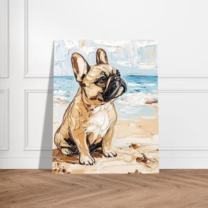 Französische Bulldogge Strand Wand Kunst Druck in Ölgemälde Stil, Frenchie Besitzer Geschenkidee, Französische Bulldogge Gedenk Porträt Geschenk
