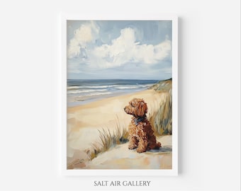 Red Cavapoo Beach Art Print, Cavapoo Gift, Coastal Textured Art, Beach Wall Art, Dog at the beach poster, Coastal Scenery Painting