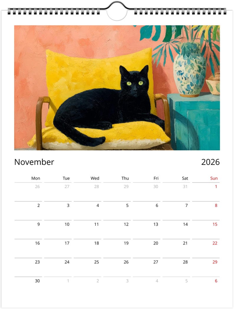Black Cat 2026 Calendar, Colourful Pop Art Painting Cat Calendar, Whimsical Black Cat Art 2026 Wall Planner image 12