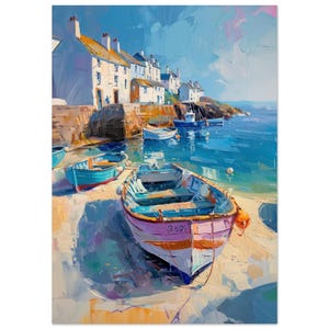 May include: An oil painting of a coastal harbor scene featuring white houses with orange roofs perched on a rocky cliff. Several small wooden rowboats in shades of blue, white, and pink are moored in the calm, bright blue water near the shore.