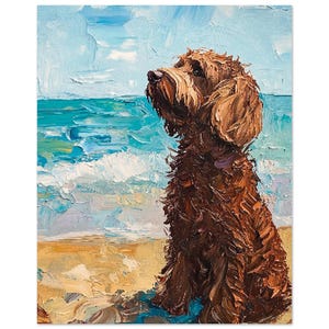 Brown Chocolate Labradoodle Beach Wall Art Print, Labradoodle memorial painting gift, Labradoodle Owner Gift