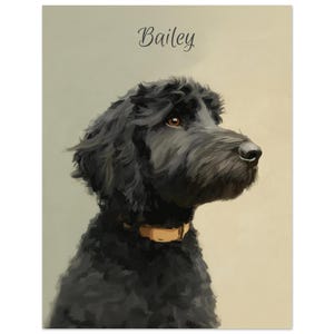 Puede incluir: Retrato pintado de un perro negro con pelo rizado, con un collar dorado. El perro mira hacia la derecha. El nombre "Bailey" está escrito en cursiva en la parte superior de la imagen.