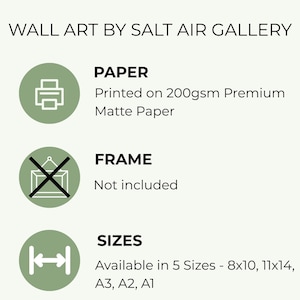 May include: Informational graphic from Salt Air Gallery detailing wall art specifications. The text includes details about the paper, frame, and available sizes, including 8x10 and 11x14 inches.