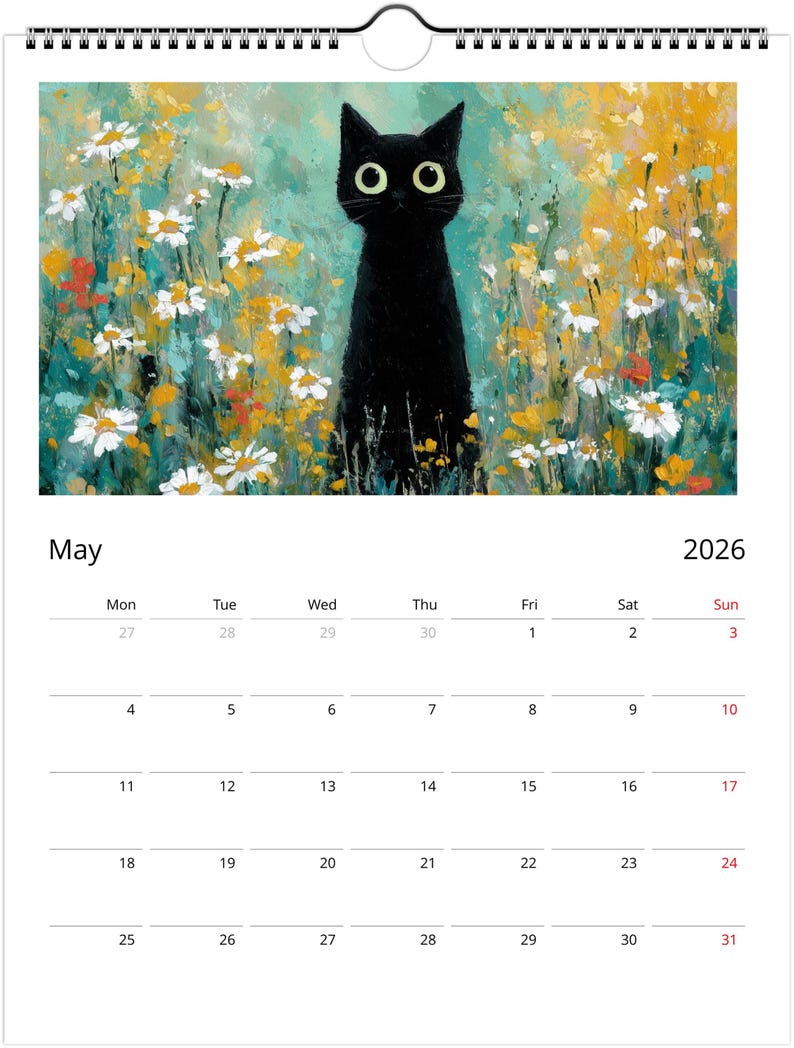 Black Cat 2026 Calendar, Colourful Pop Art Painting Cat Calendar, Whimsical Black Cat Art 2026 Wall Planner image 6