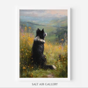 May include: A framed art print depicting a black and white Border Collie dog in a field of yellow wildflowers, looking out at a distant vista. The painting has a soft, painterly style with a calming colour palette. The text "SALT AIR GALLERY" is at the bottom.