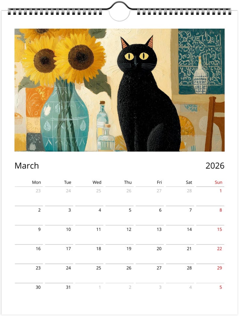 Black Cat 2026 Calendar, Colourful Pop Art Painting Cat Calendar, Whimsical Black Cat Art 2026 Wall Planner image 3