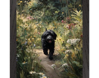 May include: A framed art print featuring a black dog running towards the viewer on a path through a field of wildflowers. The artwork has a painterly style with a focus on natural light and color, framed in a black wooden frame.