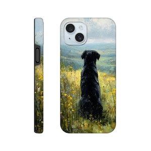 May include: A phone case featuring an artistic painting of a black dog sitting in a field of yellow and blue wildflowers, overlooking a scenic landscape. The case has a white camera module and a black side.