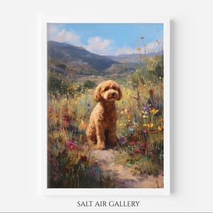 May include: Oil painting in a white frame, depicting a golden dog in a field of wildflowers. The background shows hills and a blue sky. The text "SALT AIR GALLERY" is at the bottom of the artwork.