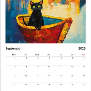 Black Cat 2026 Calendar, Colourful Pop Art Painting Cat Calendar, Whimsical Black Cat Art 2026 Wall Planner image 10