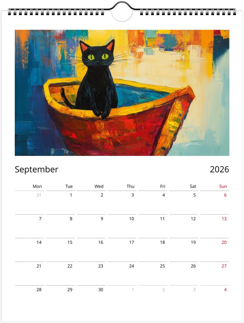 Black Cat 2026 Calendar, Colourful Pop Art Painting Cat Calendar, Whimsical Black Cat Art 2026 Wall Planner image 10