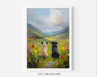 Two Pugs Oil Painting Art Print, Colourful Cute Dog Picture, Pug Memorial Art