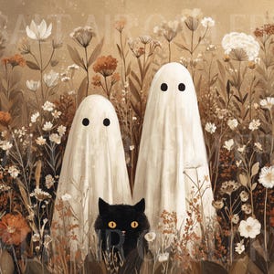 May include: An illustration featuring two white-sheet ghosts with black eyes standing in a field of wildflowers. A black cat with yellow eyes is nestled between them. The color palette is warm, with shades of brown, orange, and white.