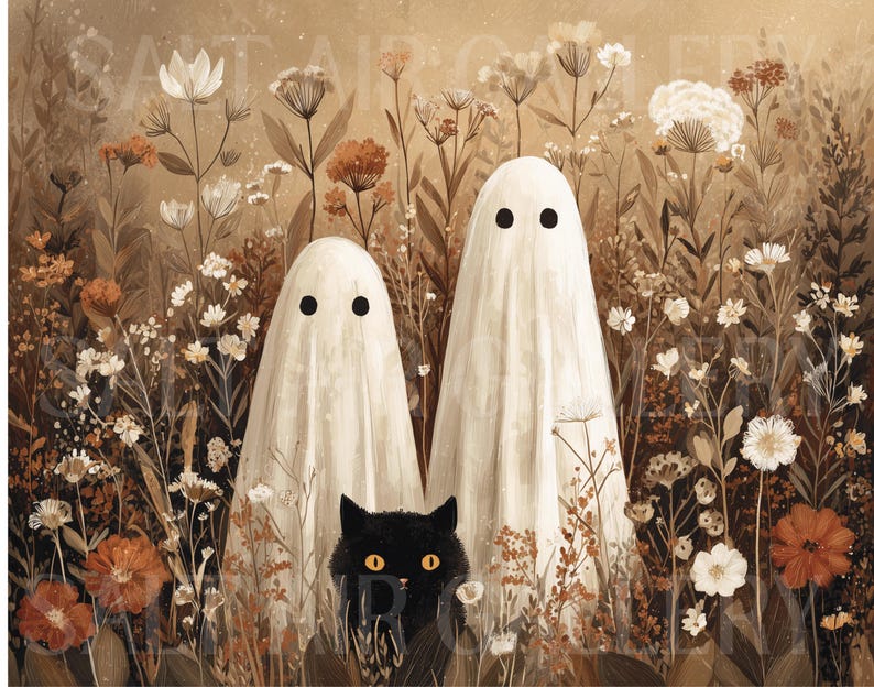 May include: An illustration featuring two white-sheet ghosts with black eyes standing in a field of wildflowers. A black cat with yellow eyes is nestled between them. The color palette is warm, with shades of brown, orange, and white.