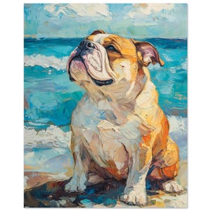 British English Bulldog Beach Abstract Oil Painting style print , Adorable English Bulldog Art Print, Perfect Bulldog Owner Gift image 1