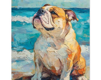 British English Bulldog Beach Abstract Oil Painting style print , Adorable English Bulldog Art Print,  Perfect Bulldog Owner Gift