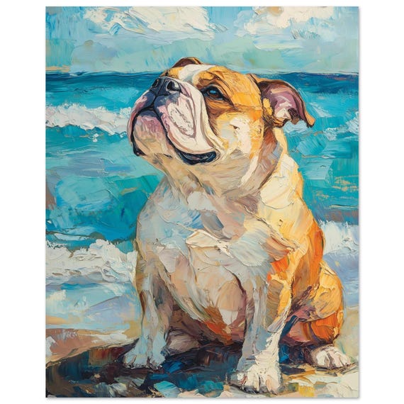 British English Bulldog Beach Abstract Oil Painting style print , Adorable English Bulldog Art Print,  Perfect Bulldog Owner Gift