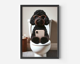Black Cockapoo on the Toilet using a Mobile Phone Wall Art, Fathers Day Dog Print, Funny Dog Poster, Cockapoo Poster,Black Cockapoo Print