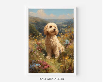 May include: A framed art print depicting a golden dog in a field of wildflowers. The dog is the central figure, set against a backdrop of rolling hills and a blue sky. The artwork has a painterly style, with visible brushstrokes and a soft, warm colour palette.