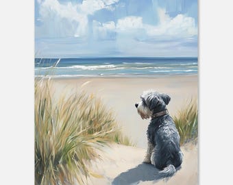 Miniature Schnauzer Beach Wall Art Print Oil Painting Style, Gift for miniature Schnauzer owner, Miniature schnauzer memorial portrait