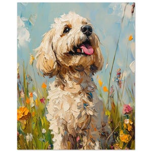 May include: An oil painting depicting a light-coloured dog with its tongue out, set in a field of wildflowers. The dog looks upwards with a joyful expression. The background features a blue sky with fluffy white clouds.