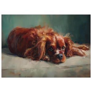 May include: Oil painting of a Cavalier King Charles Spaniel. The dog has reddish-brown fur and is lying down, head resting on a light surface. The background is a muted teal colour.