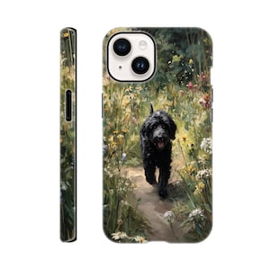 May include: A phone case with a painting of a black dog running on a path through wildflowers. The case has a glossy finish and wraps around the phone, with cutouts for the camera and buttons. The side of the case shows a continuation of the floral design.