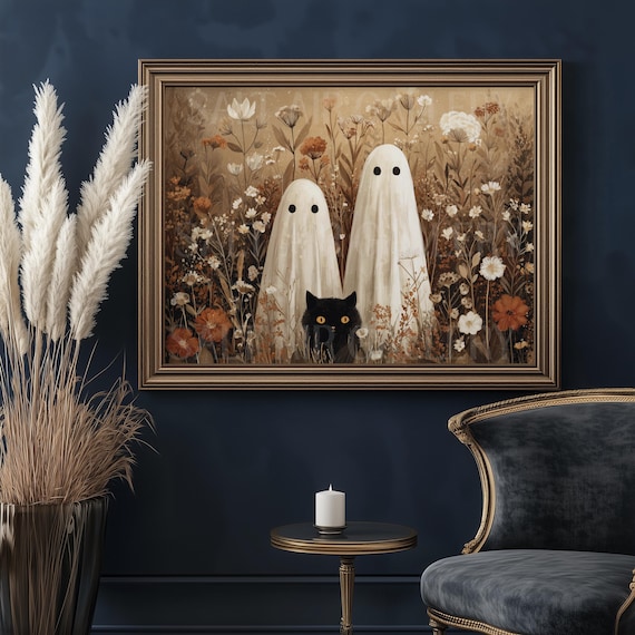 Vintage Ghosts and Black Cat in Wild floral Meadow Poster, Halloween Floral ghost oil painting style Poster for cat lover, cottage core